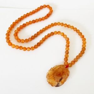 Vintage carved carnelian pendant chinese beaded necklace 30”